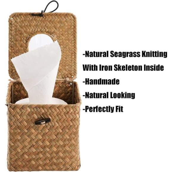 Seagrass tissue box cover set of 2 woven rattan tissue holder bathroom bedroom - Picture 4 of 7